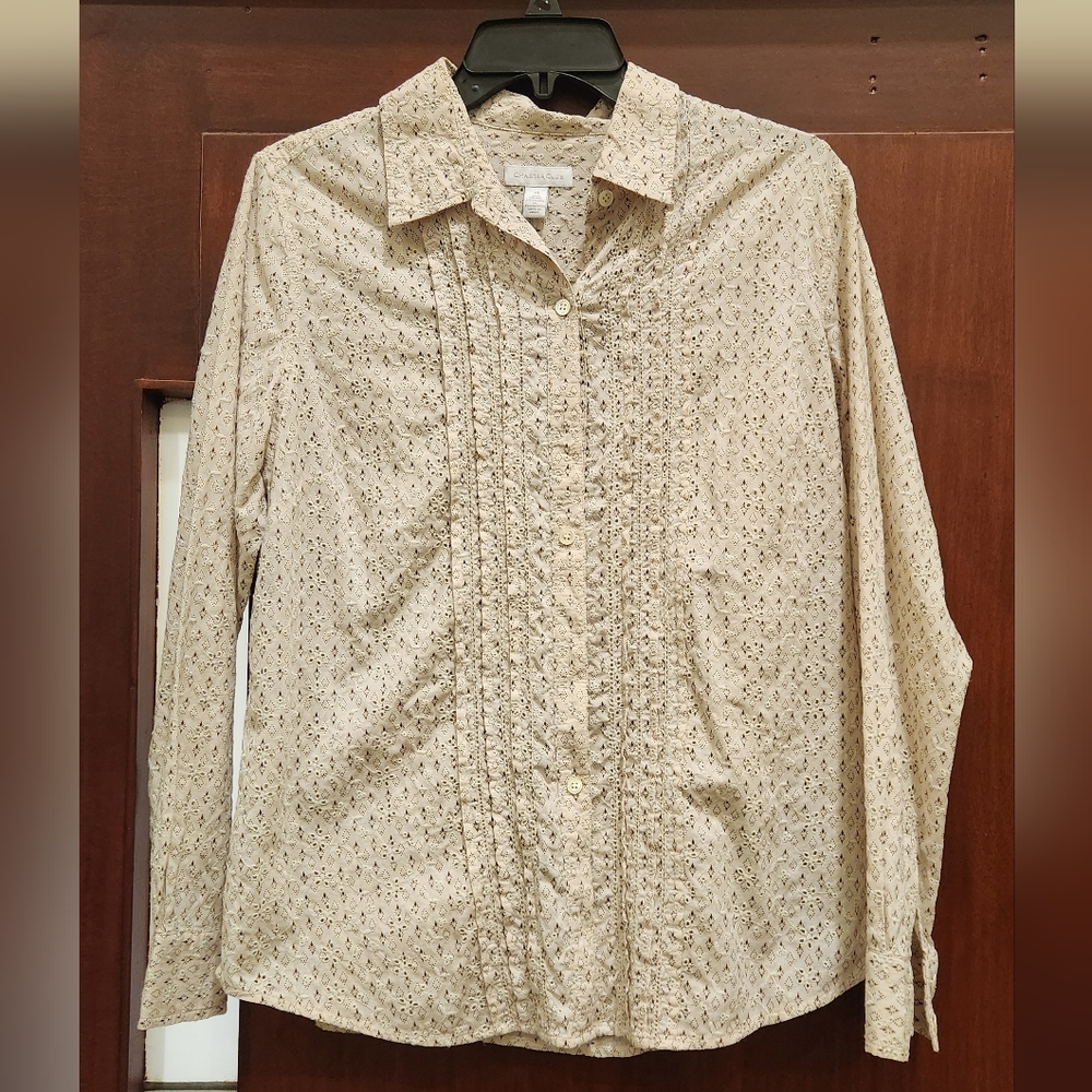Charter Club Cotton Cream Eyelet Ruffle Button-Down Shirt Feminine Prairie